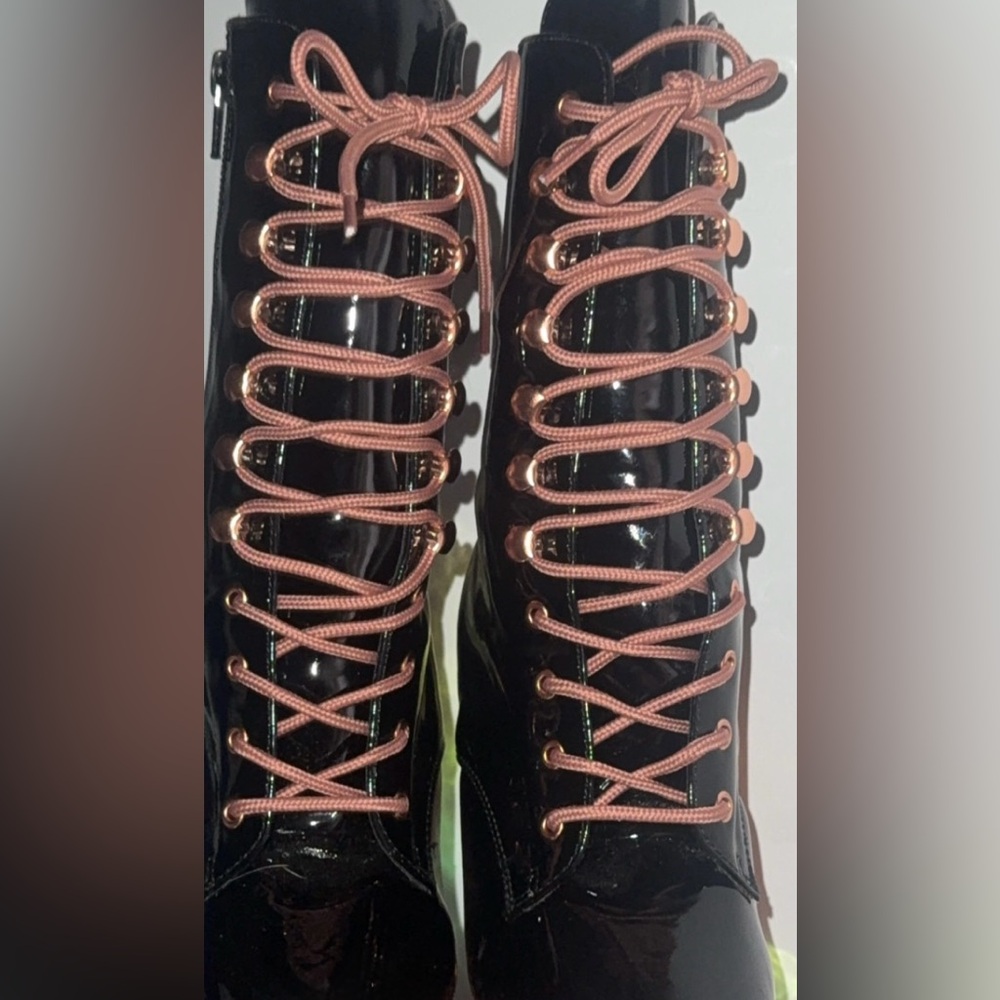 Pleaser Flamingo black Patent Platform Boots lace up sz. 6 Rose Gold 8” stiletto - Picture 9 of 12
